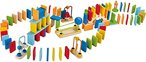 100 colorful dominoes and 7 accesories, including a bridge, ball and bell.