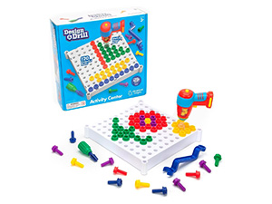 Kid-friendly toy drill, 120 plastic bolts, screwdriver, combination wrench, 2 drill bits, and 10 double-sided activity cards.