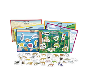 Instruction sheet, animal magnets, magnetic habitat mats, and life cycle blocks for beans, butterflies, chickens, and frogs. 