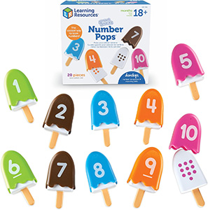10 ice cream bars, 10 ice cream shells, 40 wooden image/number cards, and instructions.