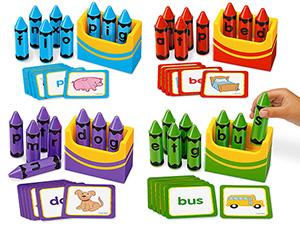 Activity guide, 4 crayon boxes, 24 picture/words cards, and 32 letter crayons.