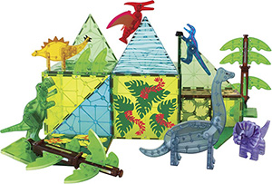 6 Dinosaur Figurines, including Pteranodon (Red), T-Rex (Green), Stegosaurus (Yellow), Velociraptor (Blue), Triceratops (Purple) and Brachiosaurus (Slate Blue), 16 XL Tiles (6 XL Squares, 6 XL Right Triangles, 4 XL Equilateral Triangles), 8 Small Squares, 2 Right Triangles, 2 Extendable Tree Bases, 16 Tree Leaves