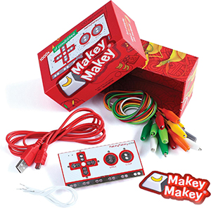 1 Makey Makey, 7 alligator clips, 1 USB cord, 6 connector wires, and 1 book "20 Makey Makey Projects for the Evil Genius."