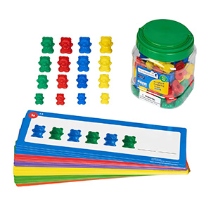 96 counting bears, 23 bear pattern cards, 25 wood sequencing squares, and instruction sheets.