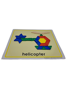 20 pattern cards, 54 green triangles, 54 cream diamonds, 54 blue trapezoids, 42 orange squares, 42 red triangles, and 32 yellow hexagons.