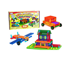 1 Playstix Idea Book and 211 playstix pieces in numerous colors and sizes, plus a building base and 14 soft wheels. 