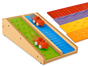 Wooden ramp, 6 textured plastic paths, 9 vehicles, and 4 balls.