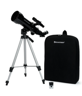 Traveling Telescope with a tripod base and a black rolling backpack.