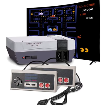 First edition Nintendo console with two controllers. Desktop monitor in the back with Pac Man on the screen.