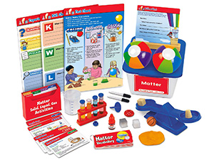 40 activity cards, balance scale, test tubes, eye droppers, and more.