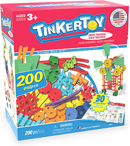 200 plastic pieces (sticks, spools, connectors, fans and more) and instruction building sheets.