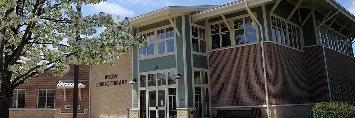 The Byron Public Library District building during a sunny spring day