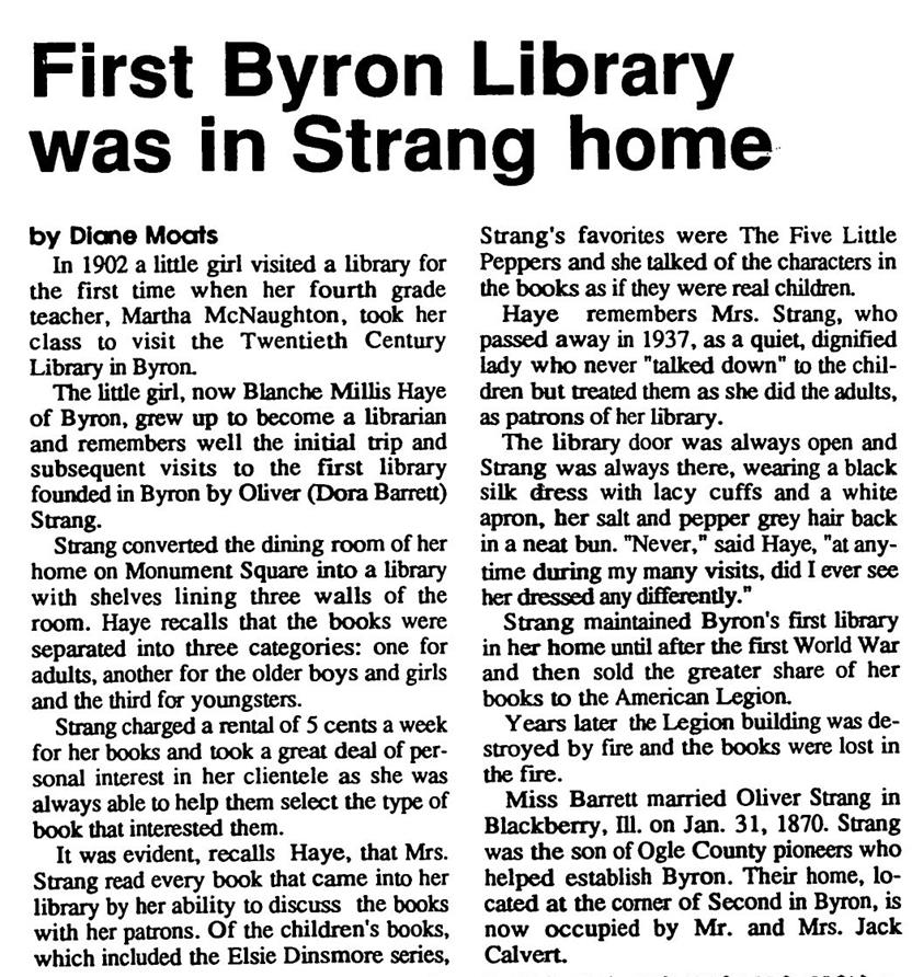 See Byron Express article titled First Byron Library Was in Strang Home