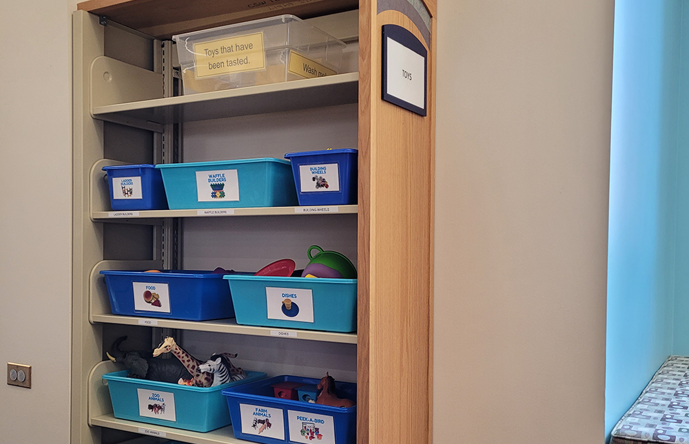 Shelf filled with containers of toys