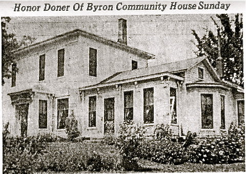 old newspaper clipping showing the Byron Community House with the text reading "Honor Doner of Byron Community House Sunday"
