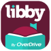 Libby by OverDrive logo with a maroon background, white text, and a teal open book cover