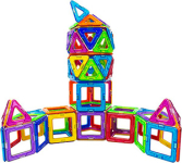 110 magnetic shapes (hexagons, pentagons, squares and triangles), 2 magnetic wheels and 1 idea book.