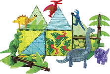 6 Dinosaur Figurines, including Pteranodon (Red), T-Rex (Green), Stegosaurus (Yellow), Velociraptor (Blue), Triceratops (Purple) and Brachiosaurus (Slate Blue), 16 XL Tiles (6 XL Squares, 6 XL Right Triangles, 4 XL Equilateral Triangles), 8 Small Squares, 2 Right Triangles, 2 Extendable Tree Bases, 16 Tree Leaves