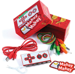 1 Makey Makey, 7 alligator clips, 1 USB cord, 6 connector wires, and 1 book "20 Makey Makey Projects for the Evil Genius."