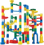 114 plastic pieces (including vortex, spinner slide, plinko track, slope tracks), instruction book and, marbles.