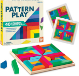 40 colorful wood blocks, wood building tray, and 40 pattern cards.