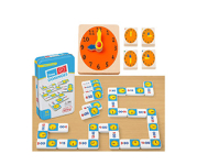 48 clock cards, 1 wood clock, 28 dominoes, and instruction sheet. 