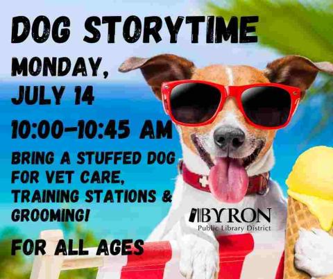 Photo of dog in sunglasses with program information.