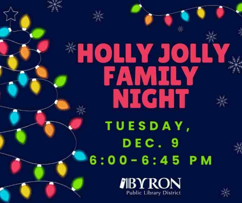 Graphic with Christmas lights and date and time of program.