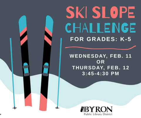 Picture of skis in snow with program date and time.