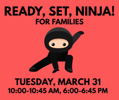 Graphic of a ninja with program day & time.