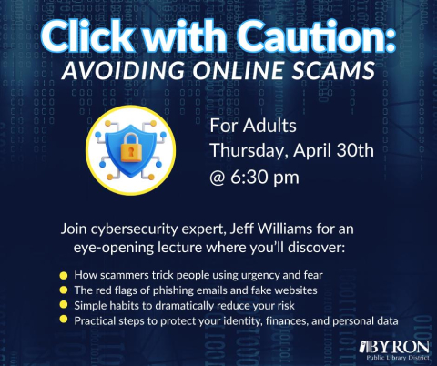 Click with Caution: Avoiding Online Scams Graphic