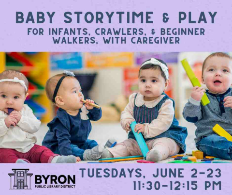 Photo of babies sitting up, holding toys with program date.