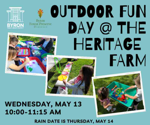 Photos of children playing in water tubs, blowing bubbles and creating stamper art with program dates.