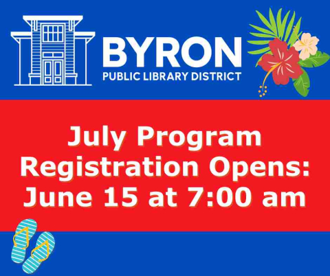Blue background with flowers and flip flops, with library logo and July program registration date.
