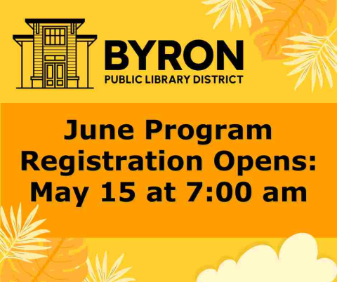 Yellow background with plants and the library logo with June program registration date.
