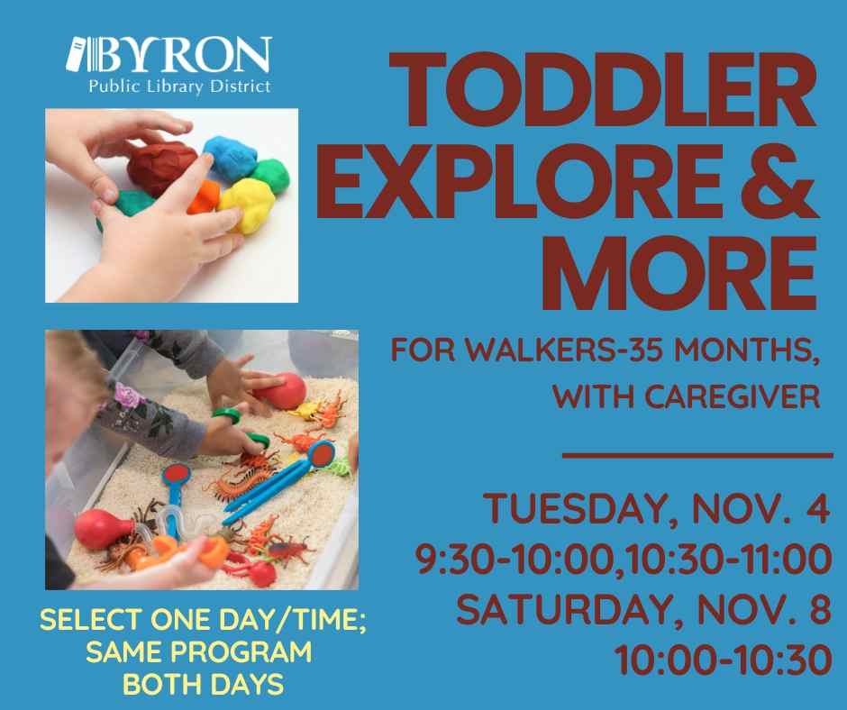 Photo of playdough and rice bin play with program dates.