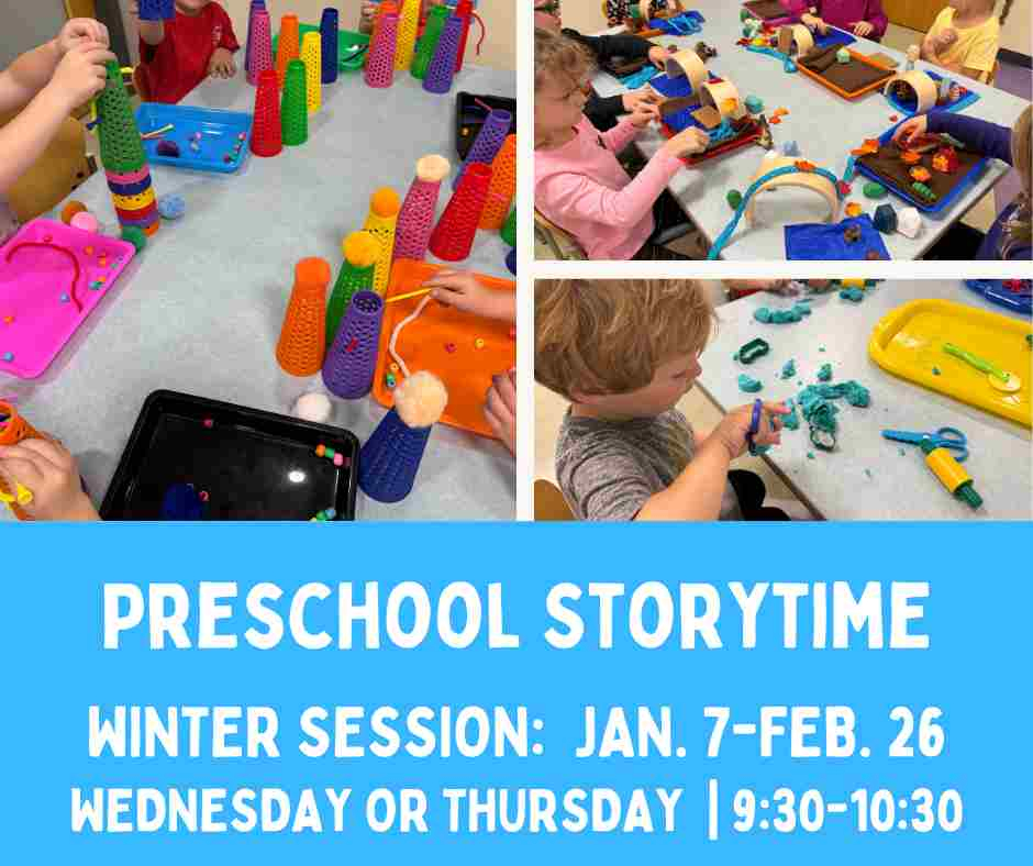 Photos of children participating in storytime activities.