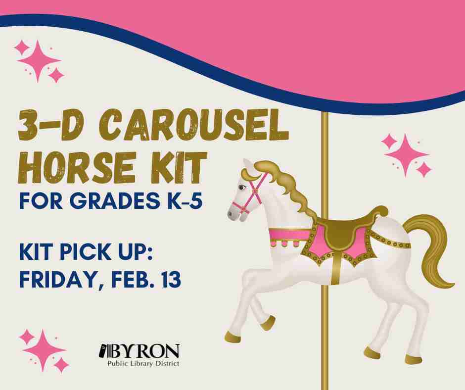 Graphic of a carousel horse with kit pick up date.