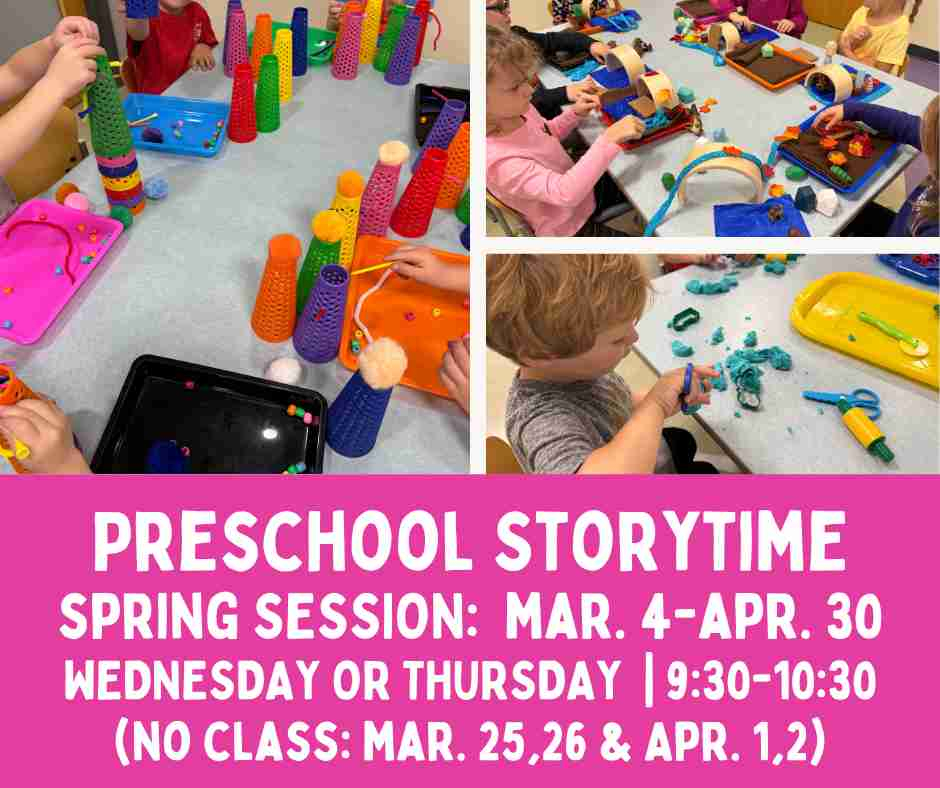 Photos of storytime activities with program dates.
