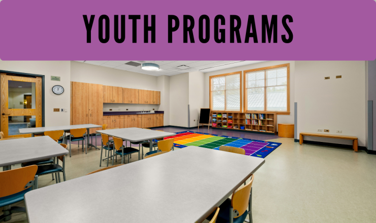 Youth Programs text over a picture of the youth services area of the library filled with tables