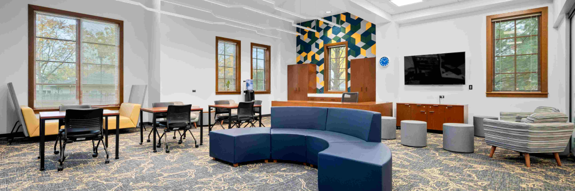 Photo of teen department, showing space and various seating options available.